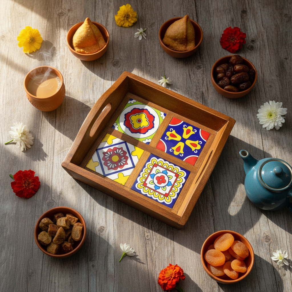 Blue Pottery Tiles Fitted On Strong Wooden Tray Home Decor Utility By Tamrapatra