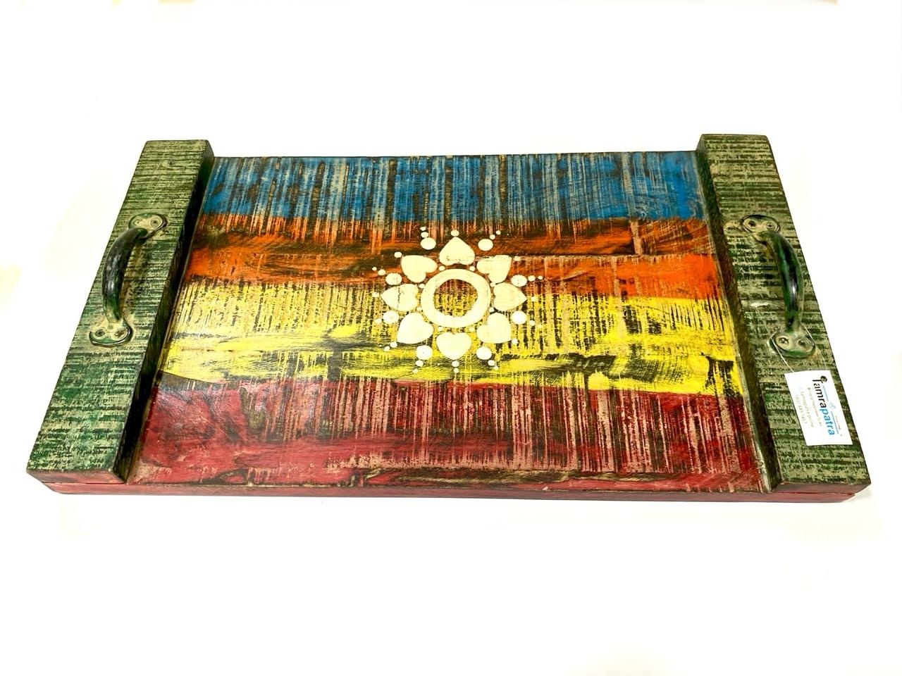 Wooden Traditional Trays HandPainted By Indian Artisans With Handles By Tamrapatra