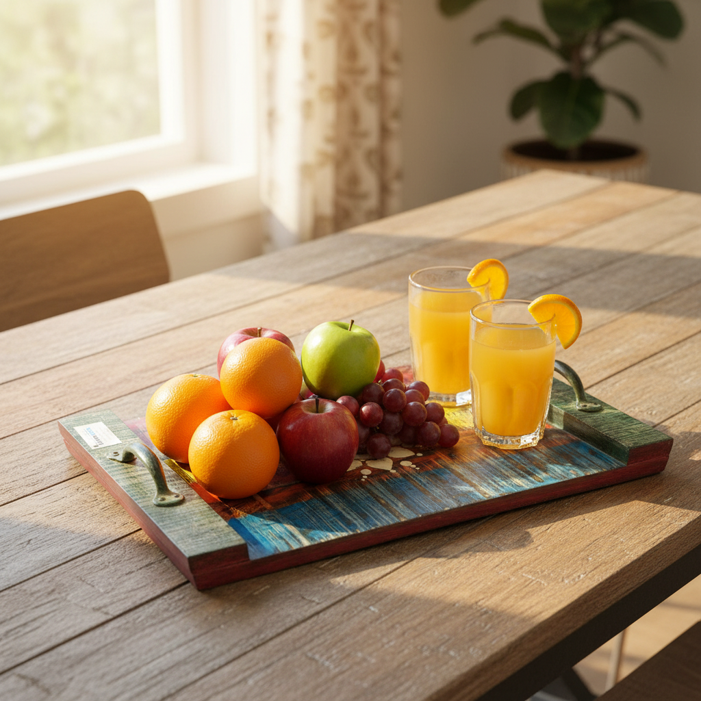 Wooden Traditional Trays HandPainted By Indian Artisans With Handles By Tamrapatra