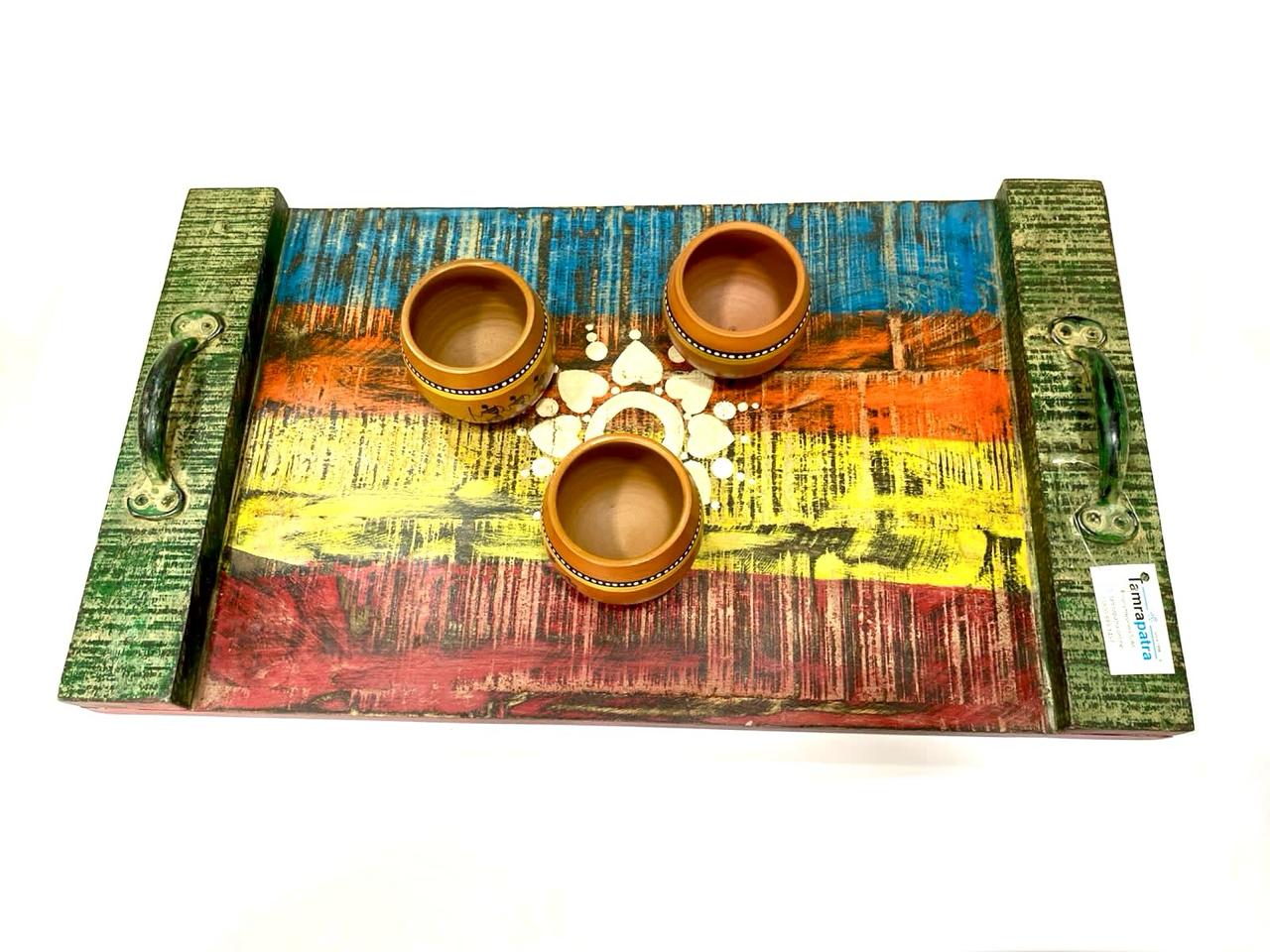 Wooden Traditional Trays HandPainted By Indian Artisans With Handles By Tamrapatra