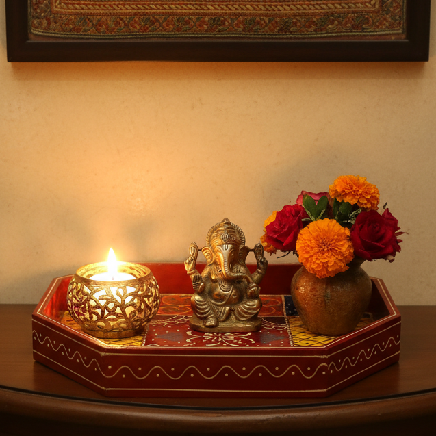Unique Octagon Shaped Traditional Handcrafted Tray Utility From Tamrapatra