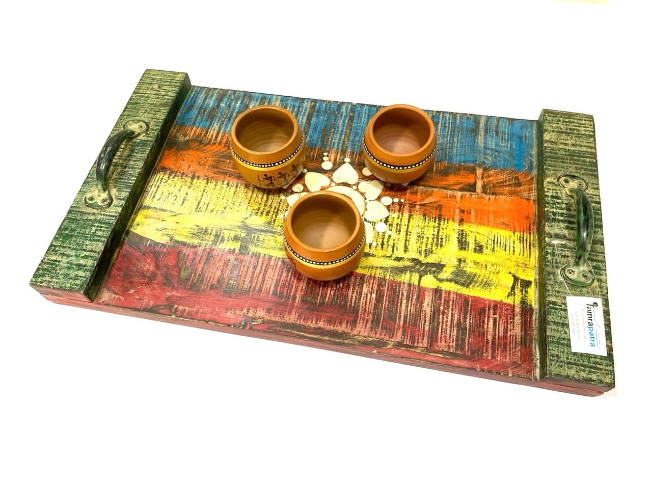 Wooden Traditional Trays HandPainted By Indian Artisans With Handles By Tamrapatra