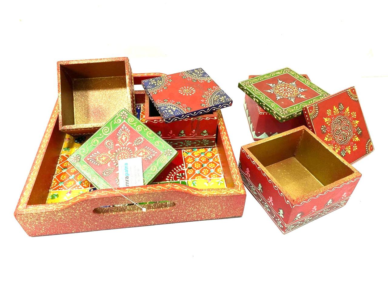 Tray With 4/6 Storage Box Dry Fruit Chocolate Handcrafted Wooden Art Tamrapatra