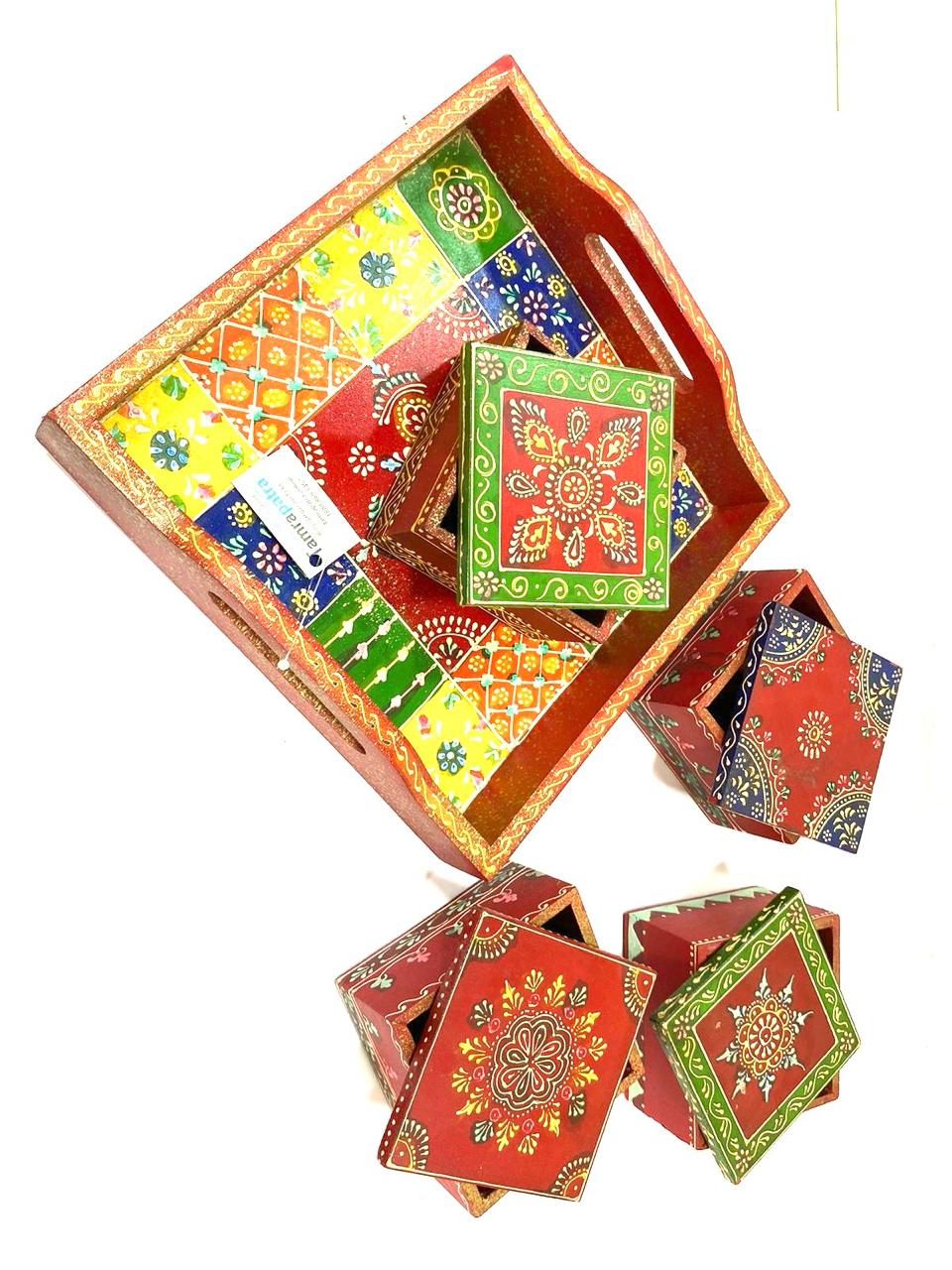 Tray With 4/6 Storage Box Dry Fruit Chocolate Handcrafted Wooden Art Tamrapatra