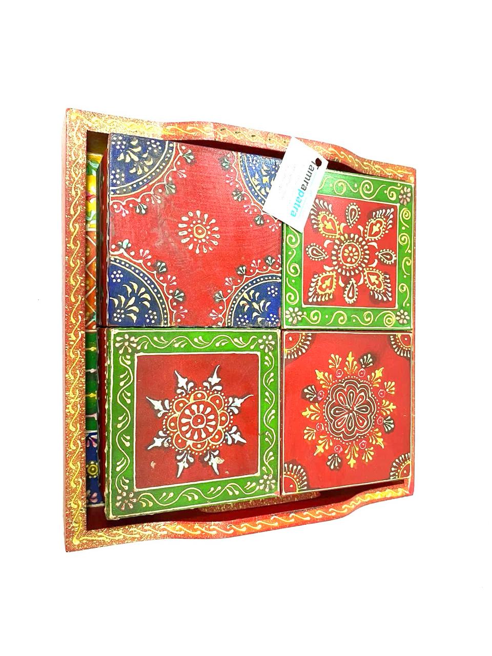 Tray With 4/6 Storage Box Dry Fruit Chocolate Handcrafted Wooden Art Tamrapatra