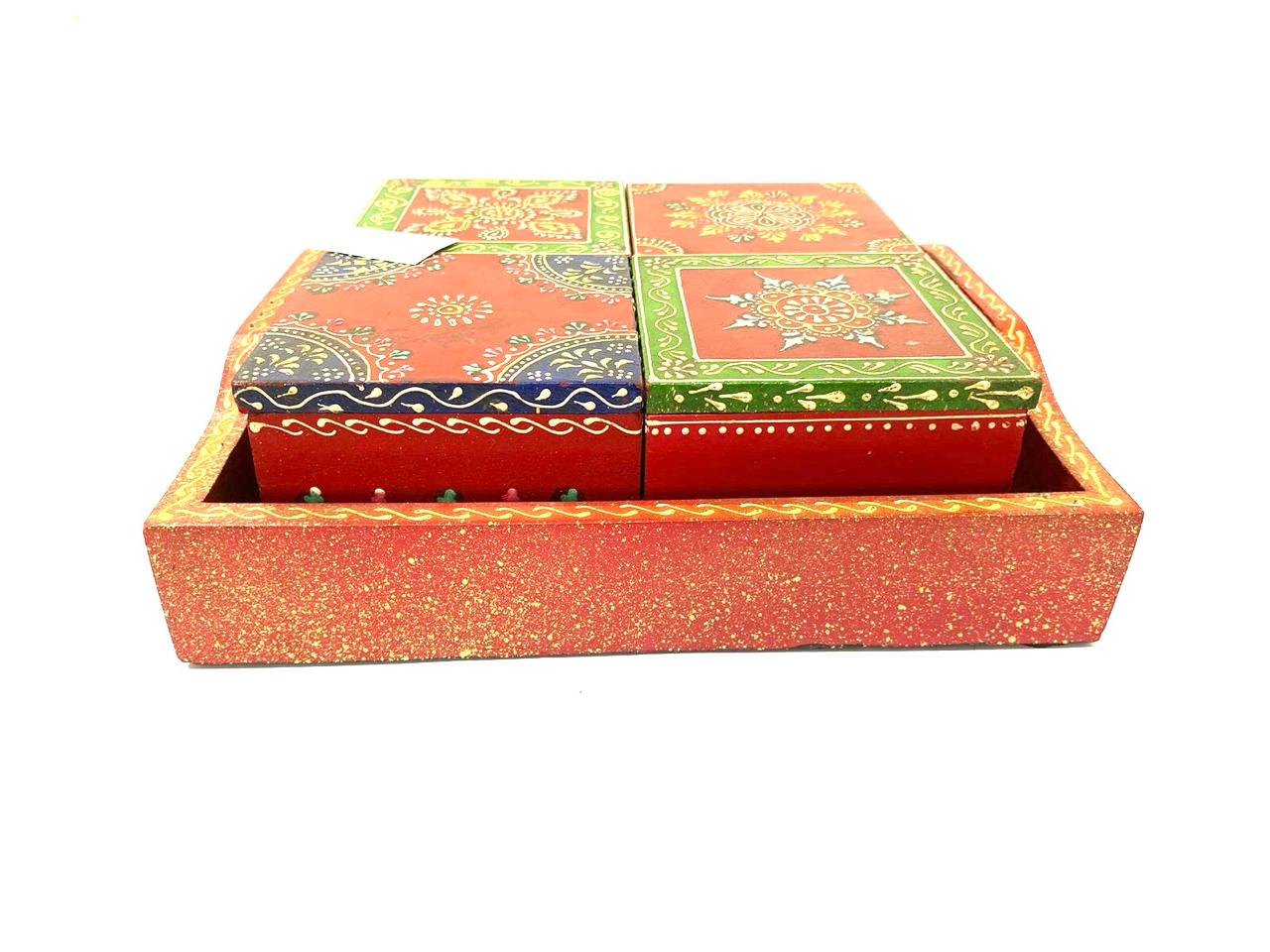 Tray With 4/6 Storage Box Dry Fruit Chocolate Handcrafted Wooden Art Tamrapatra