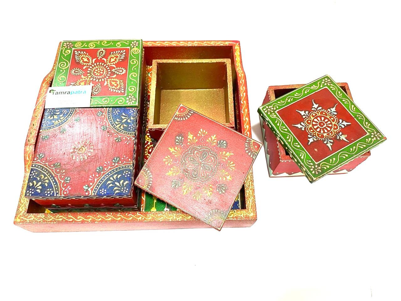 Tray With 4/6 Storage Box Dry Fruit Chocolate Handcrafted Wooden Art Tamrapatra