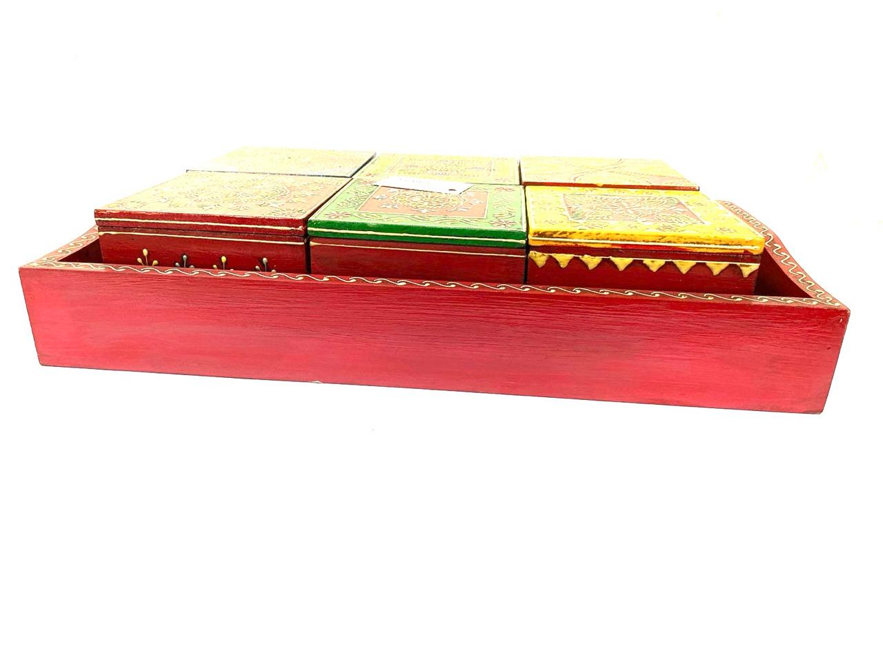 Tray With 4/6 Storage Box Dry Fruit Chocolate Handcrafted Wooden Art Tamrapatra