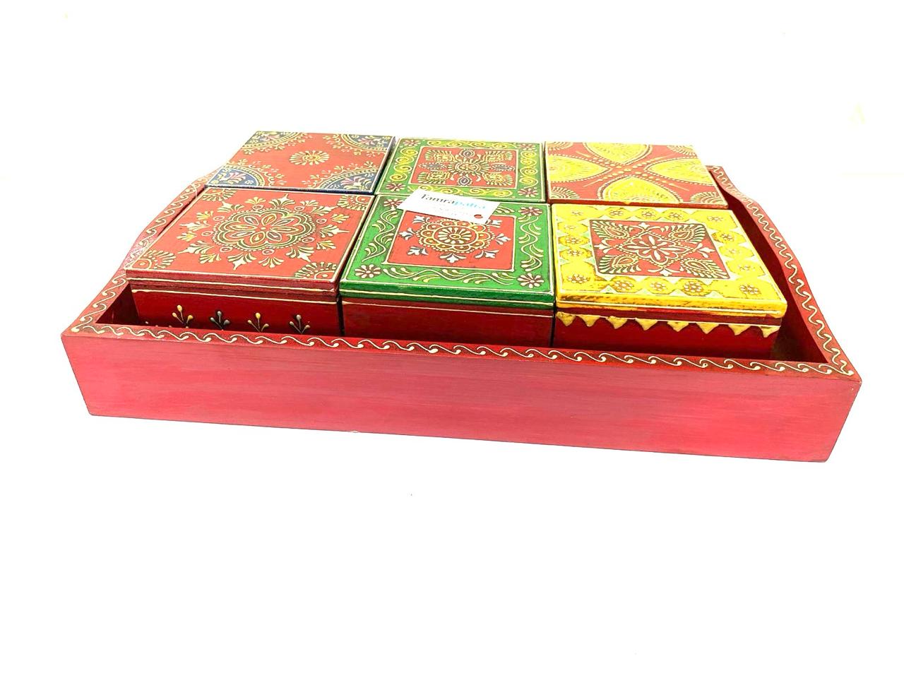 Tray With 4/6 Storage Box Dry Fruit Chocolate Handcrafted Wooden Art Tamrapatra