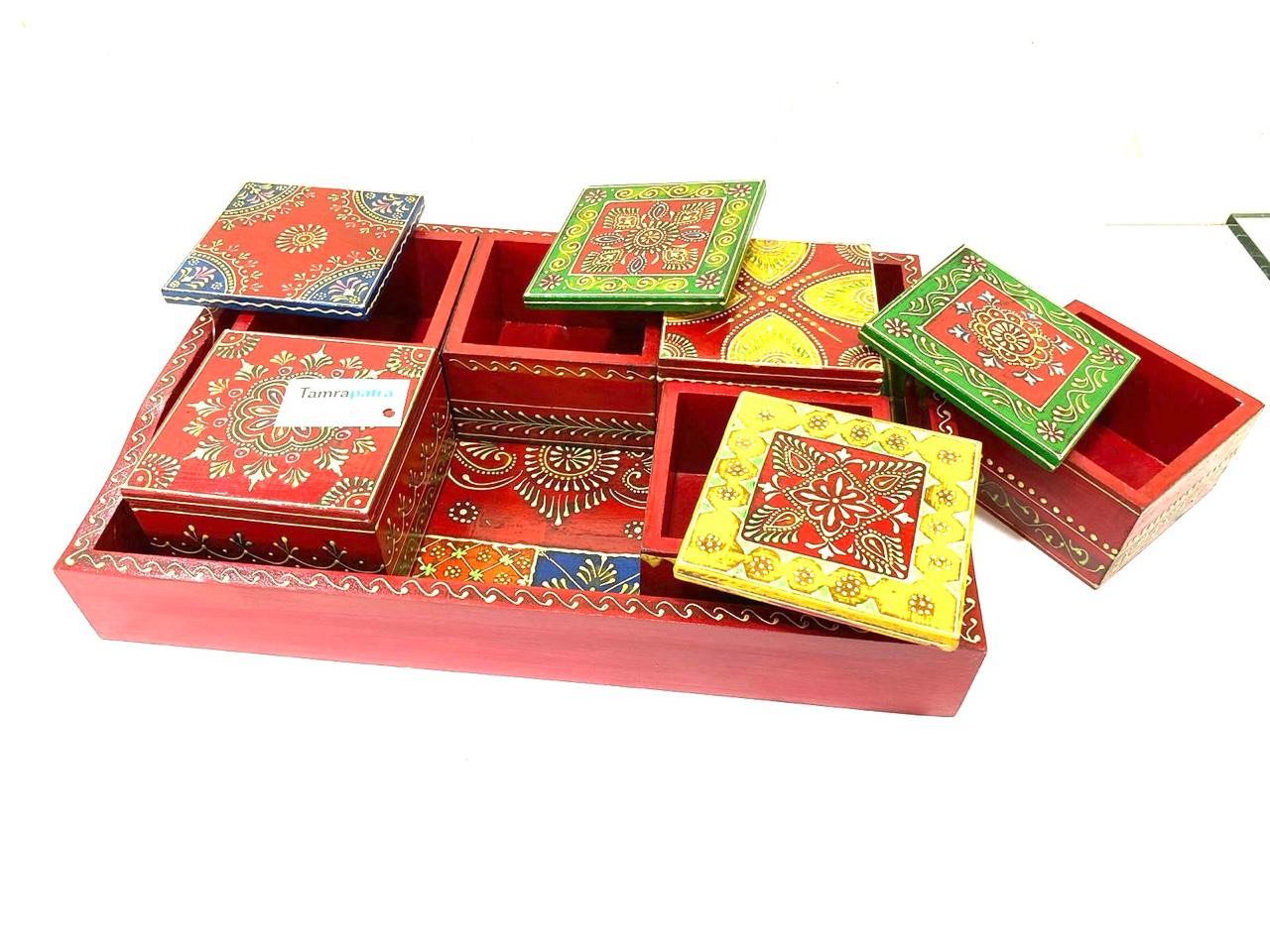Tray With 4/6 Storage Box Dry Fruit Chocolate Handcrafted Wooden Art Tamrapatra