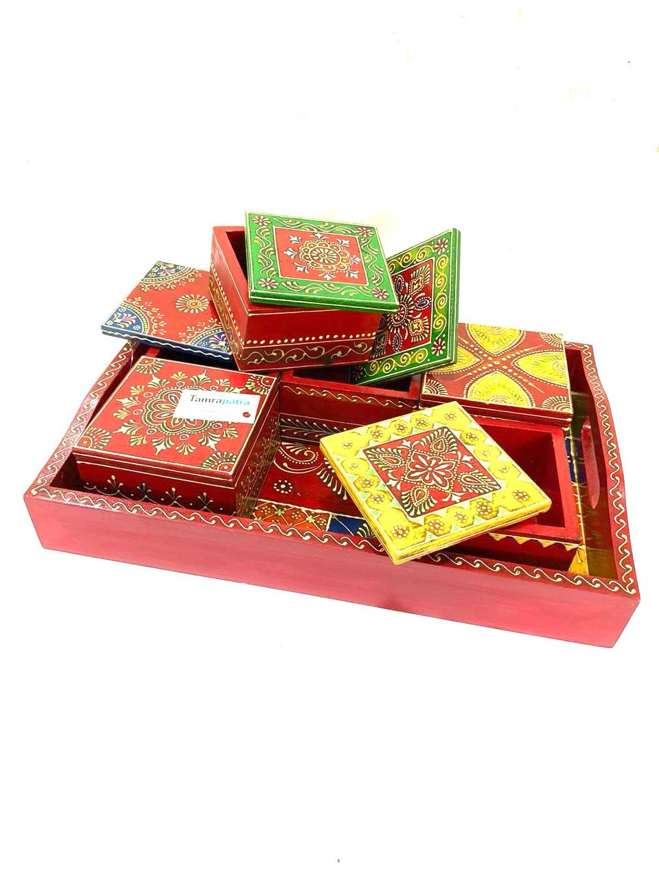 Tray With 4/6 Storage Box Dry Fruit Chocolate Handcrafted Wooden Art Tamrapatra