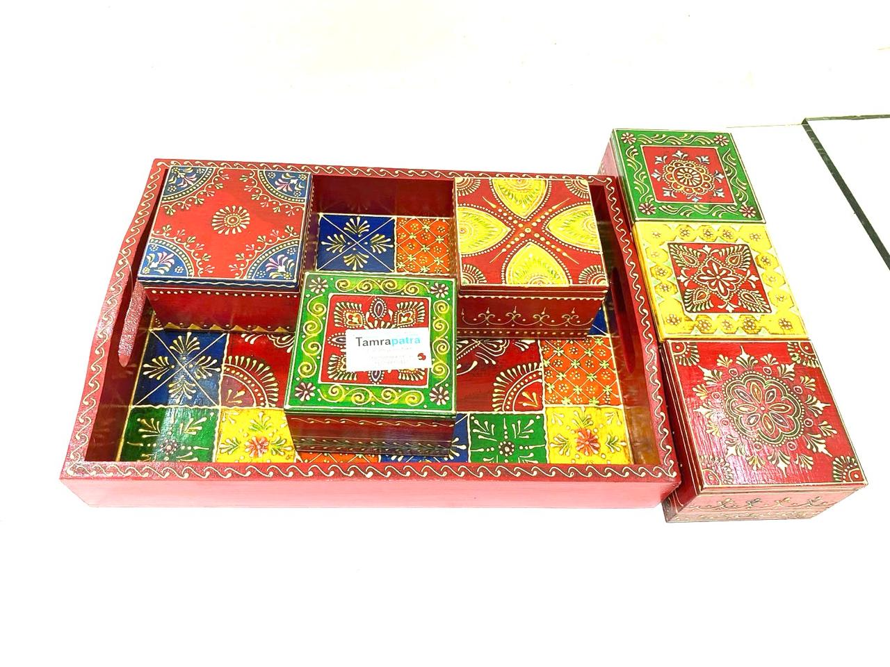 Tray With 4/6 Storage Box Dry Fruit Chocolate Handcrafted Wooden Art Tamrapatra