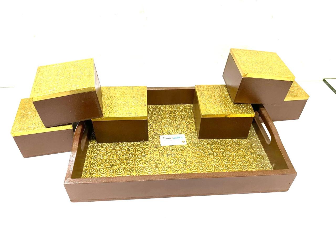 Tray With 4/6 Storage Box Dry Fruit Chocolate Handcrafted Wooden Art Tamrapatra