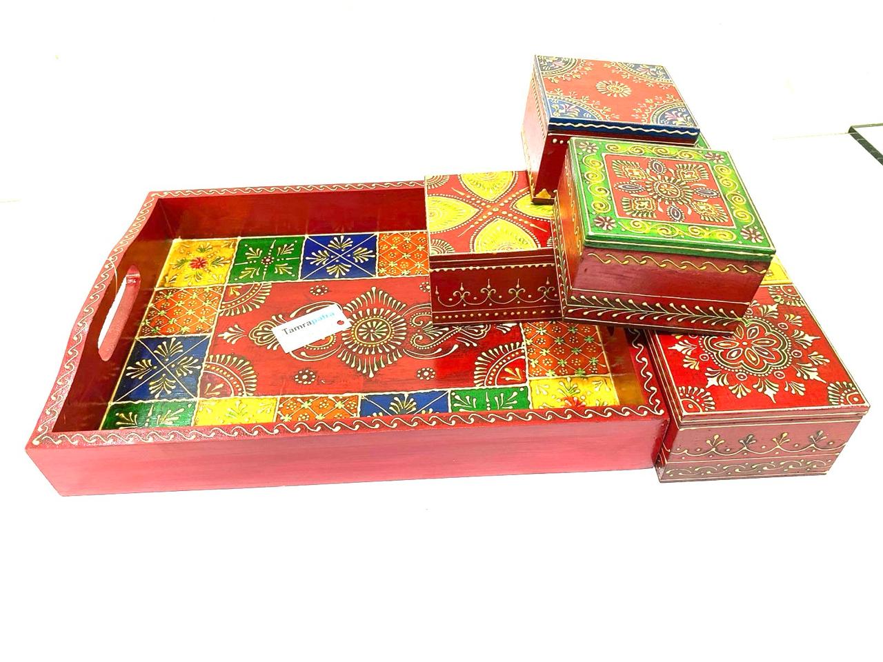 Tray With 4/6 Storage Box Dry Fruit Chocolate Handcrafted Wooden Art Tamrapatra