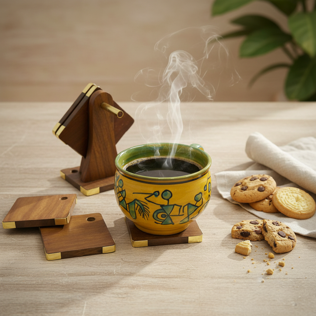 Hanging Wooden 6 Tea Coasters Premium Quality Office Home Desk By Tamrapatra - Tamrapatra