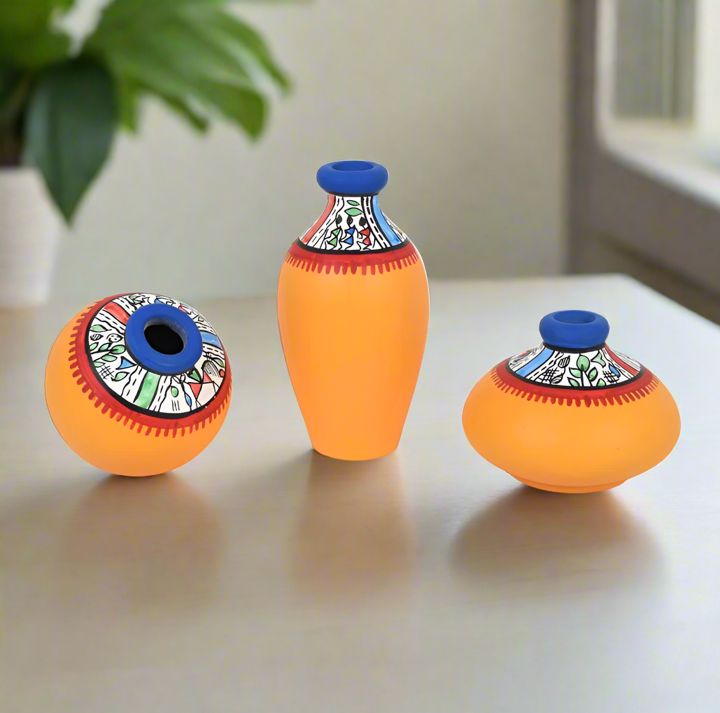 Fine Warli Pots Set Of 3 With Various Design & Colors Exclusively From Tamrapatra