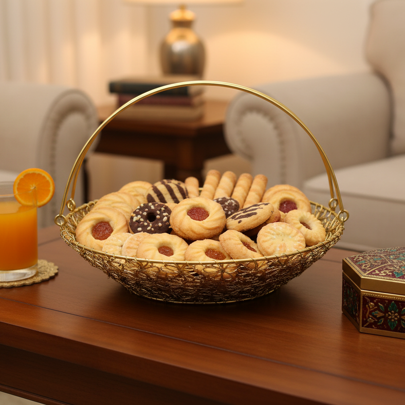 A gold wire basket filled with assorted cookies and pastries sits on a wooden coffee table in a cozy living room setting, alongside a glass of orange juice and a decorative hexagonal box.