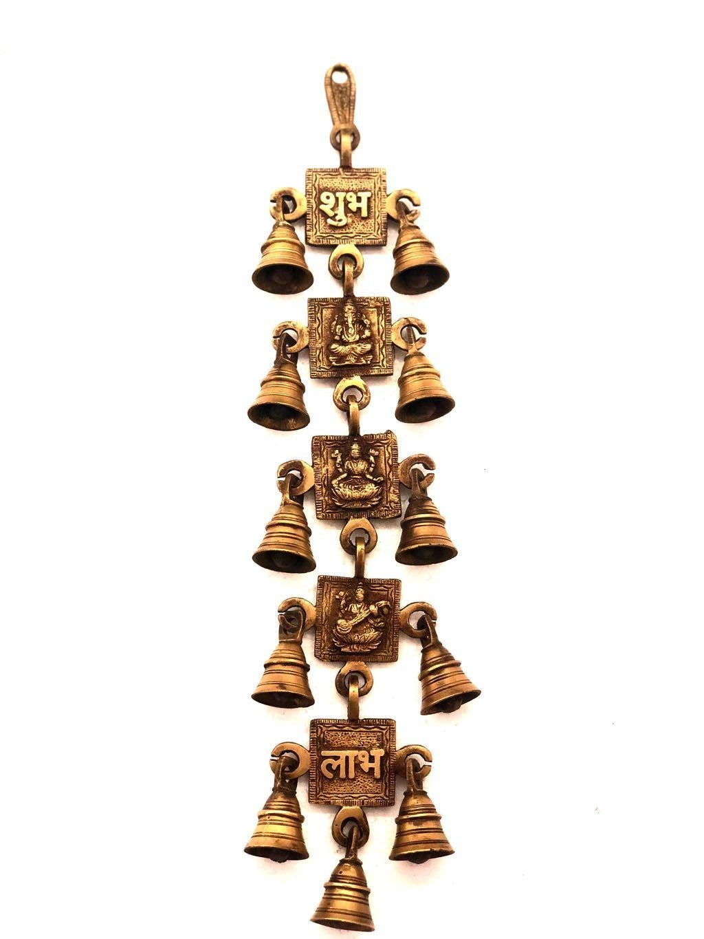 Brass Wall Hanging Bells Decor Ganesh Lakshmi Saraswati Tamrapatra - Tamrapatra