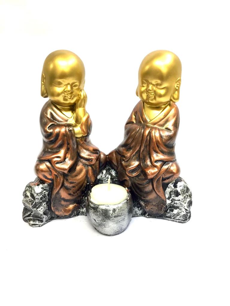 Monks Sitting On Rock With Tea Light Holder Auspicious Artware Tamrapatra