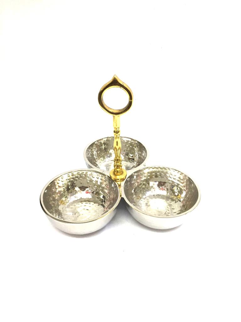 3 Bowl Serving Metal Platter With Chrome & Gold Finish & Handle Tamrapatra