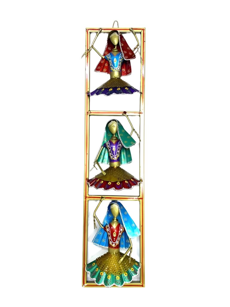 3 Dancing Dolls In Vertical Metal Frame Exclusive Wall Art Ethnic By Tamrapatra