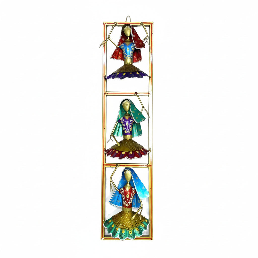 3 Dancing Dolls In Vertical Metal Frame Exclusive Wall Art Ethnic By Tamrapatra - Tamrapatra