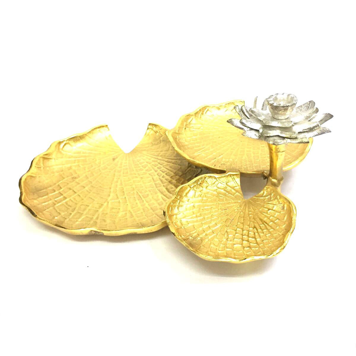 A set of gold-colored metal leaf platter with a lotus spiral design and a central flower, intended for serving ideas.