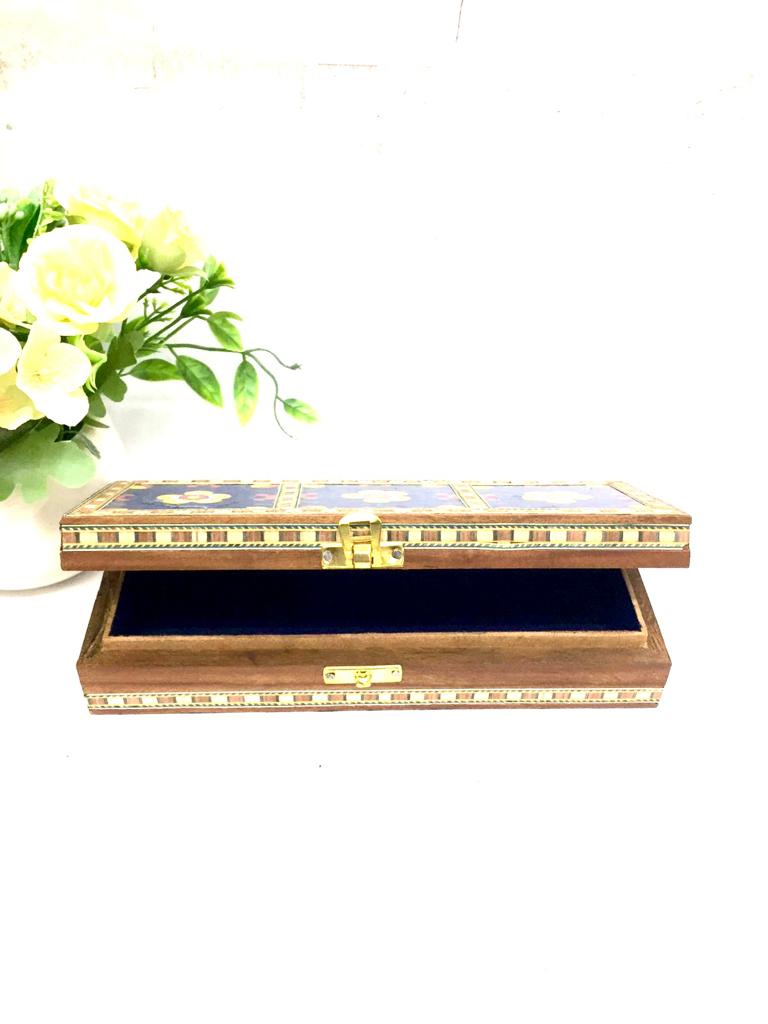 3 Tiles Blue Pottery On Wooden Storage Box With Velvet Interior By Tamrapatra