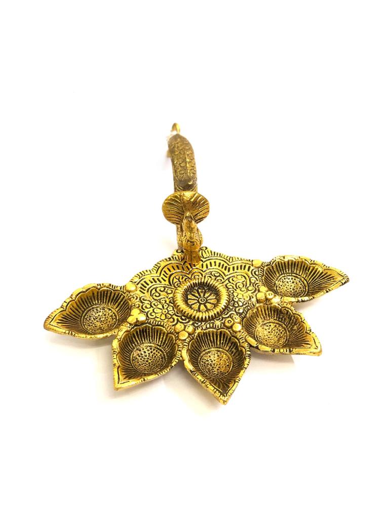 5 Deepak Hand Pooja Accessories Metal Art With Peacock Design By Tamrapatra