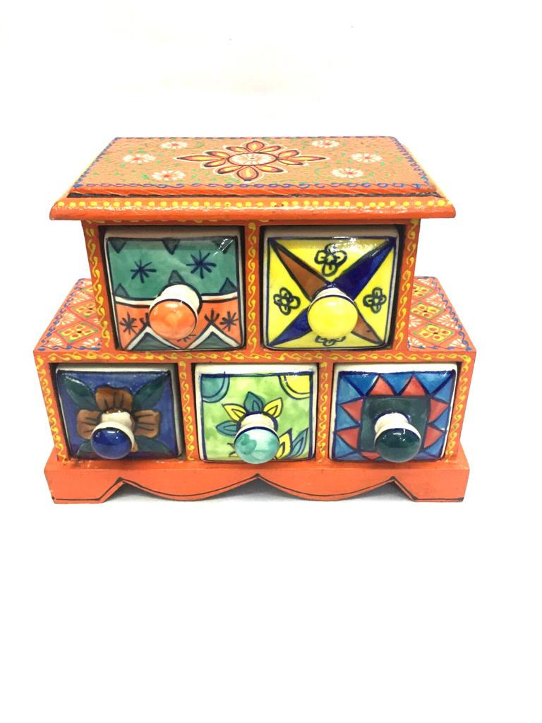 5 Drawer Ceramic Handcrafted Indian Wooden Artware Utility Gifts Tamrapatra