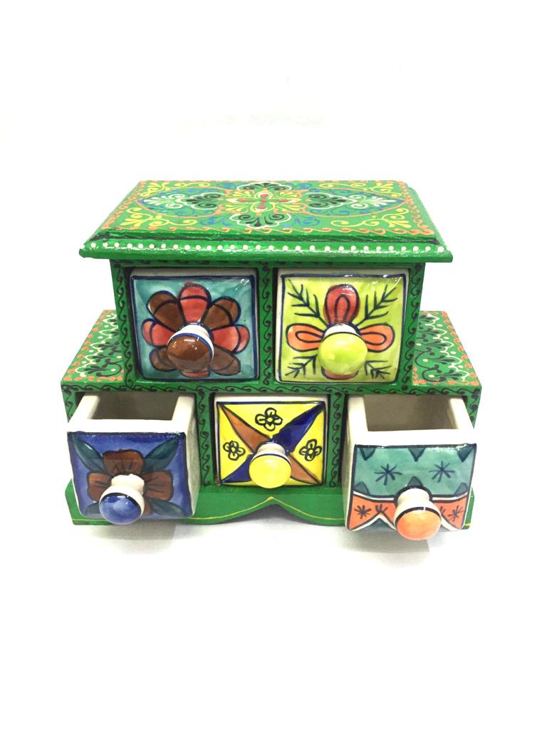 5 Drawer Ceramic Handcrafted Indian Wooden Artware Utility Gifts Tamrapatra
