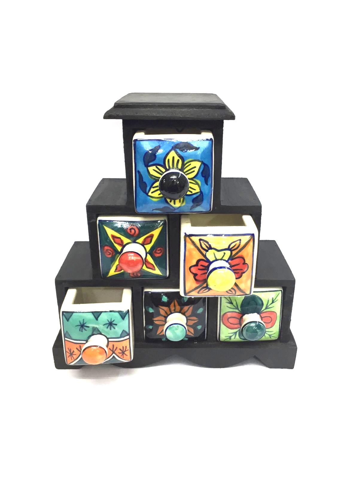 6 Drawer Ceramic Wooden Drawer Beautiful Indian Handicrafts By Tamrapatra