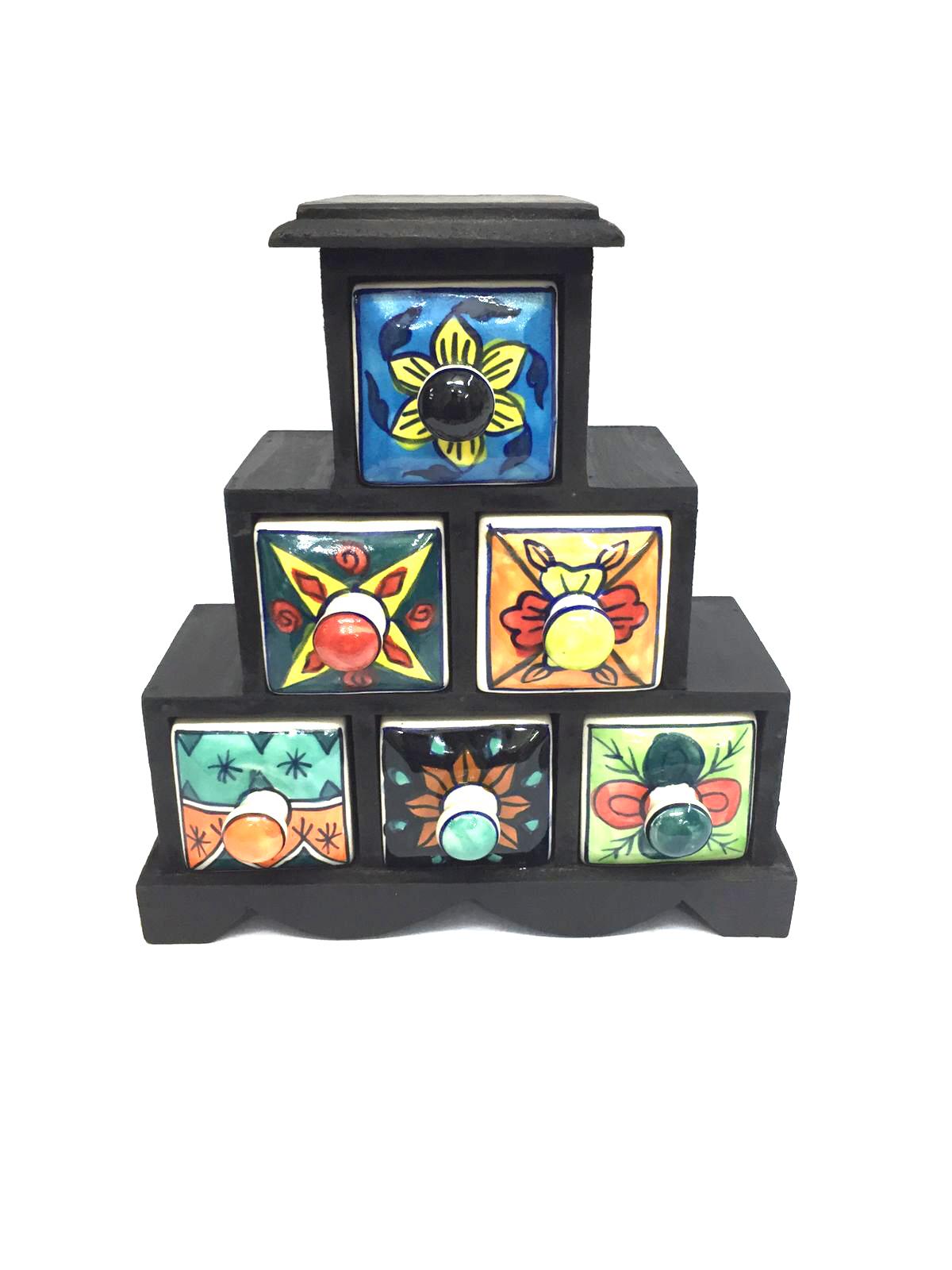 6 Drawer Ceramic Wooden Drawer Beautiful Indian Handicrafts By Tamrapatra