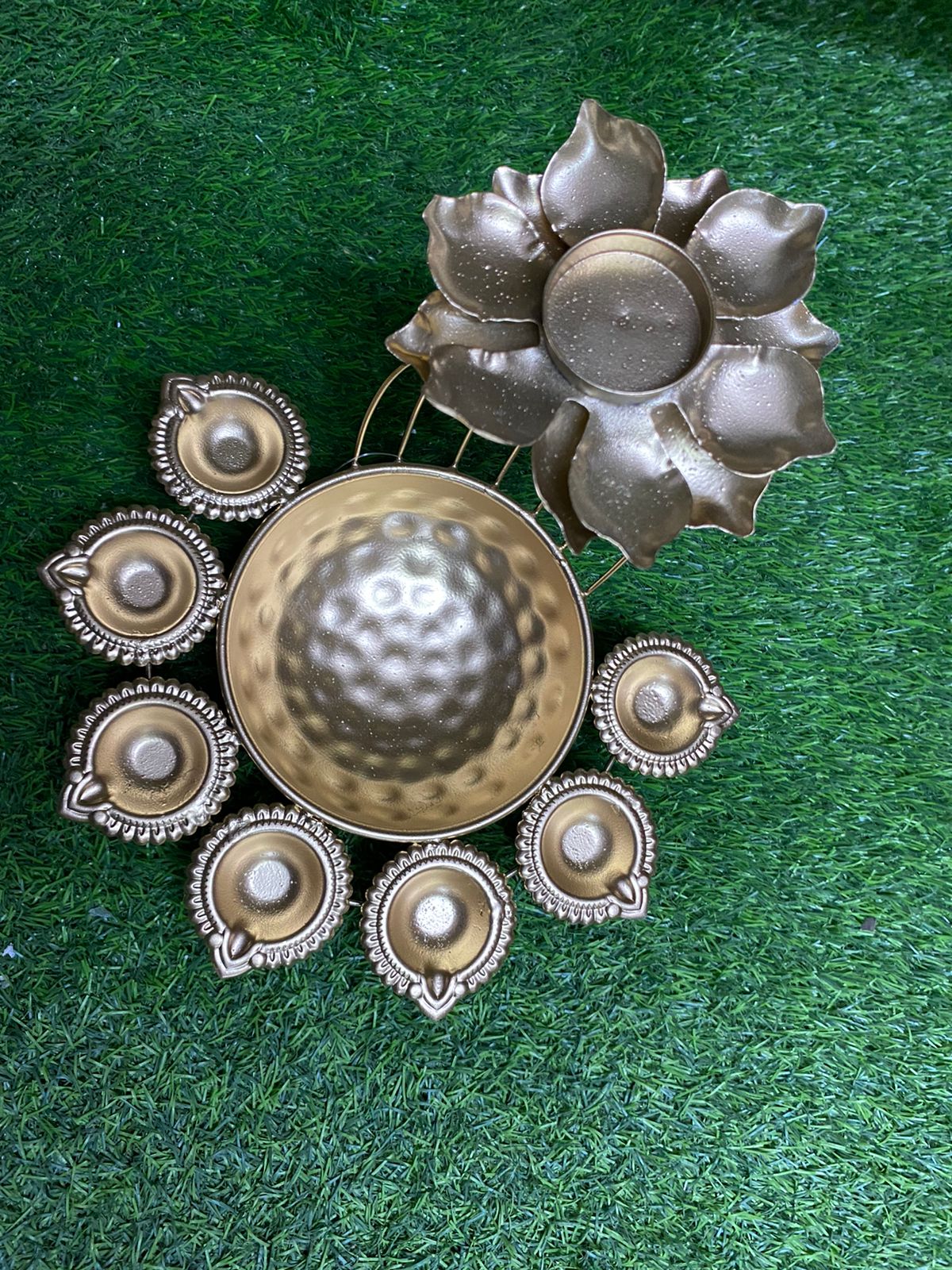 7 Diya Metal Urli With Wonderful Lotus Stand On Top For Tea Light Holder Tamrapatra