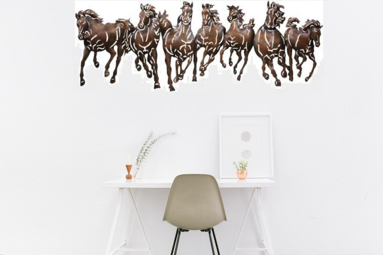 Big 7 Horses Striking Metal Wall Decor Hanging Vaastu LED Lights Tamrapatra