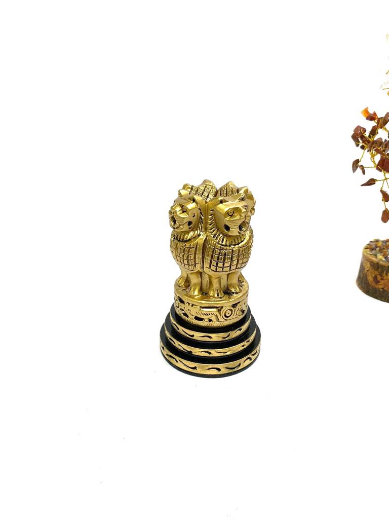 Ashoka Emblem Wooden Carving Polished Golden Shades From Tamrapatra