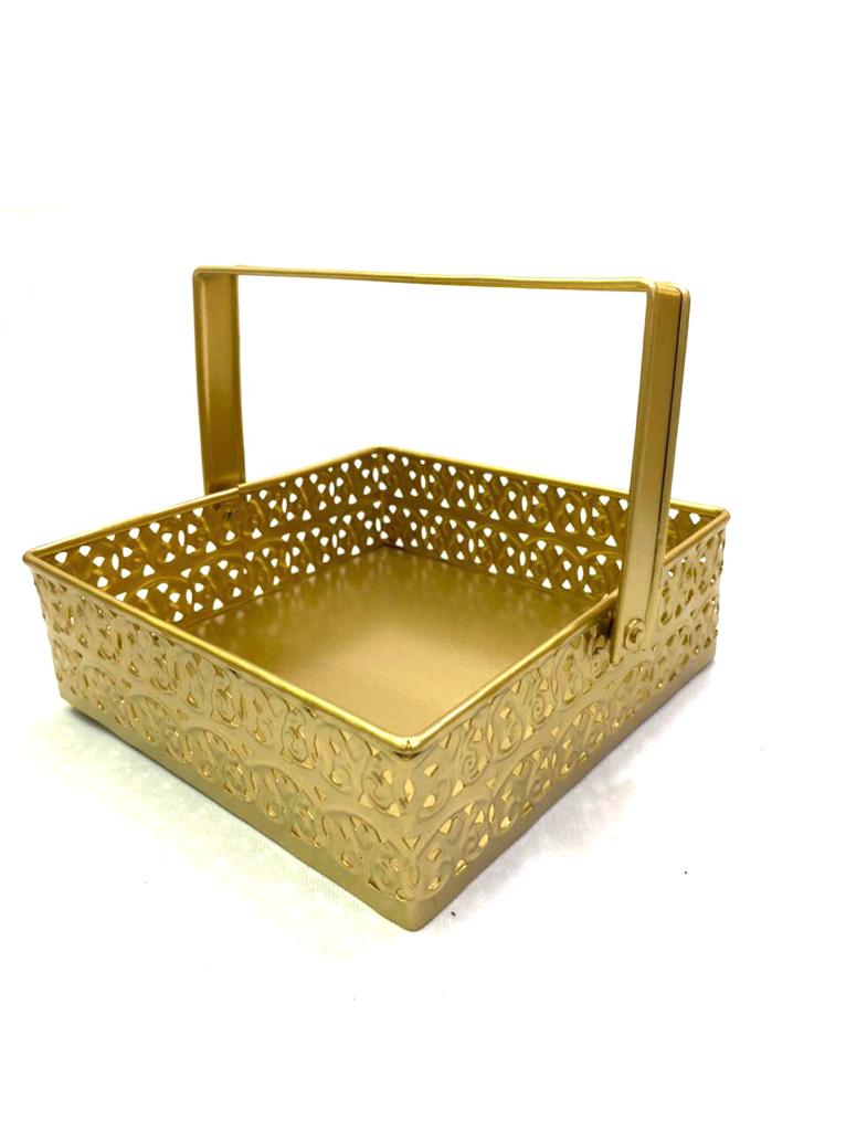 Square Metal Tray With Handle For Serving Dry Fruits Chocolates By Tamrapatra