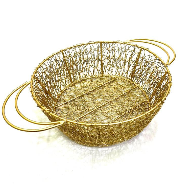 A round, gold-colored wire basket with tapered sides.