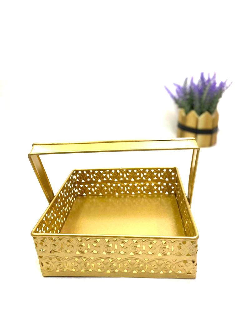 Square Metal Tray With Handle For Serving Dry Fruits Chocolates By Tamrapatra