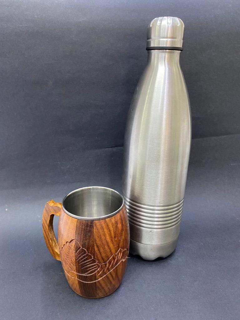 Magnificent Dholak Shaped Wooden Cups With Stainless Steel Inside Tamrapatra