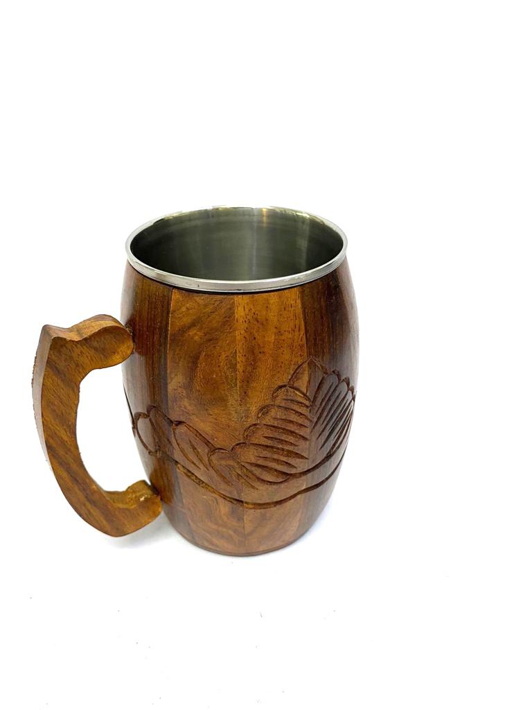 Magnificent Dholak Shaped Wooden Cups With Stainless Steel Inside Tamrapatra