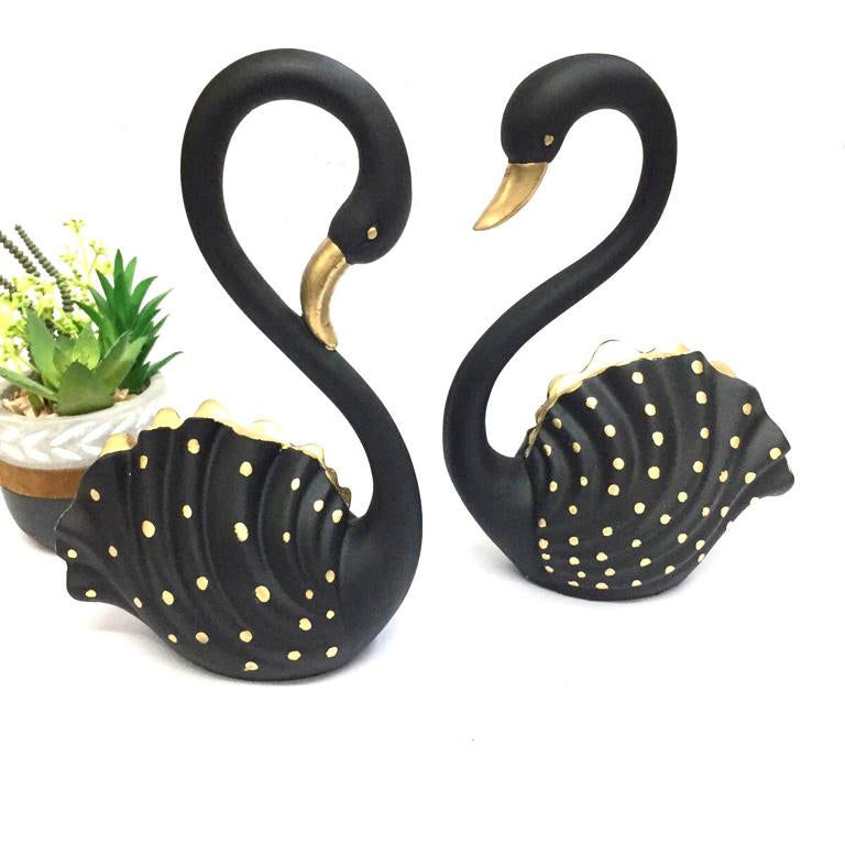 Graceful Swan Pair Black Gold Set Of 2 Exclusive Bird Showpiece From Tamrapatra
