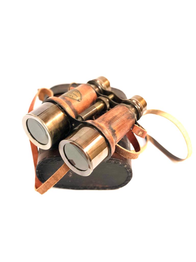 Vintage Brass Binoculars With Leather Stitched Carry Bag Nautical By Tamrapatra