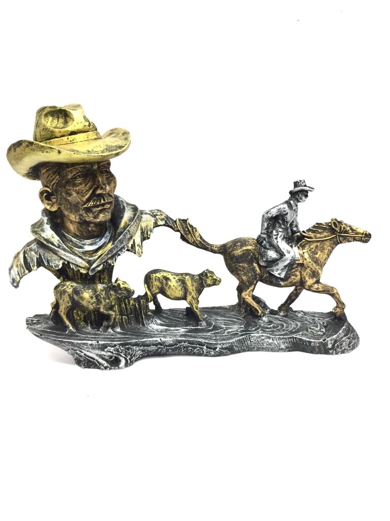 Horse Riding Man Cow Boy Showpiece Hunter Style Décor From Tamrpatra