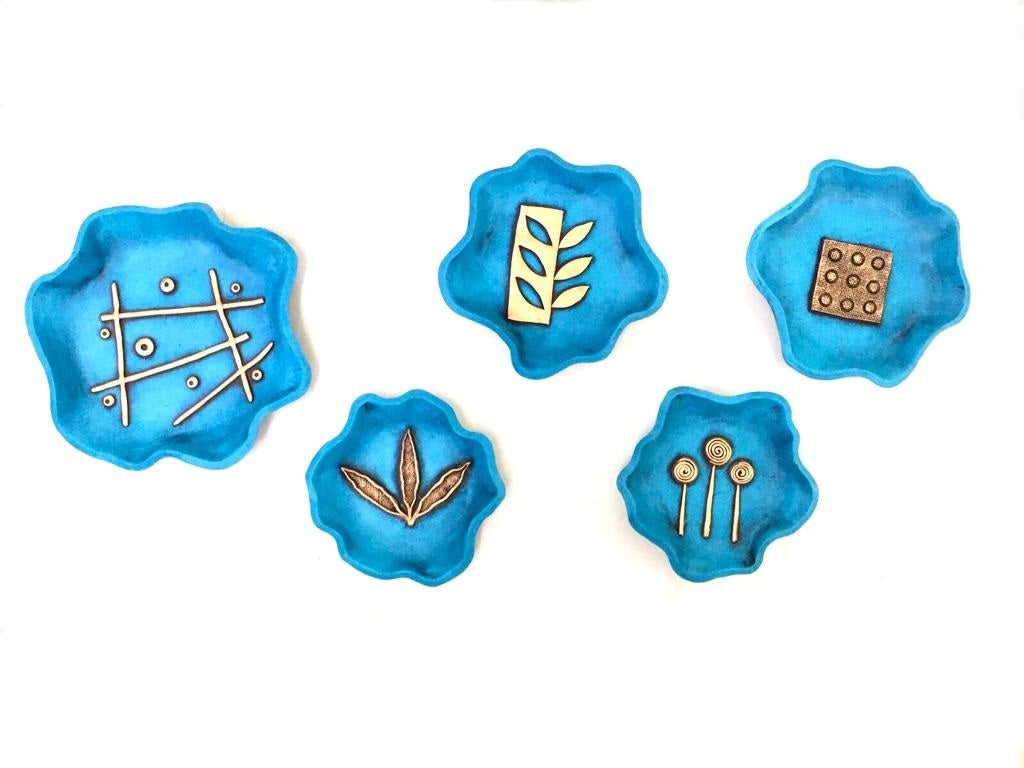 Azure Blue Carved Terracotta Handcrafted Plates Set Of 5 Exclusively At Tamrapatra