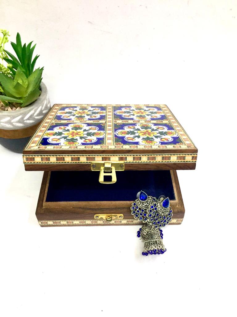 4 Tiles Blue Pottery Wooden Storage Box Handcrafted With Love Tamrapatra