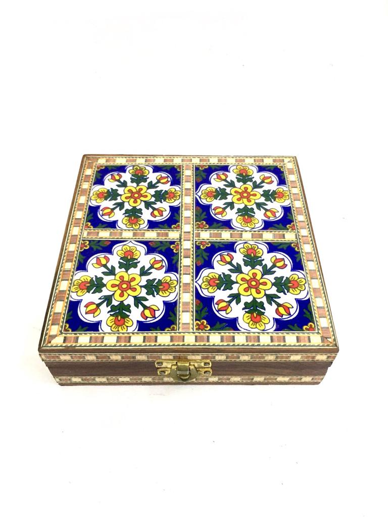 4 Tiles Blue Pottery Wooden Storage Box Handcrafted With Love Tamrapatra