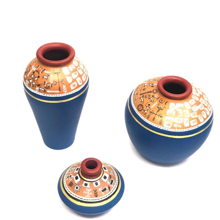 Traditional Terracotta Pottery With Warli Art Hand Painted Pots Blue Tamrapatra