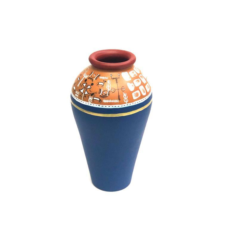 Traditional Terracotta Pottery With Warli Art Hand Painted Pots Blue Tamrapatra