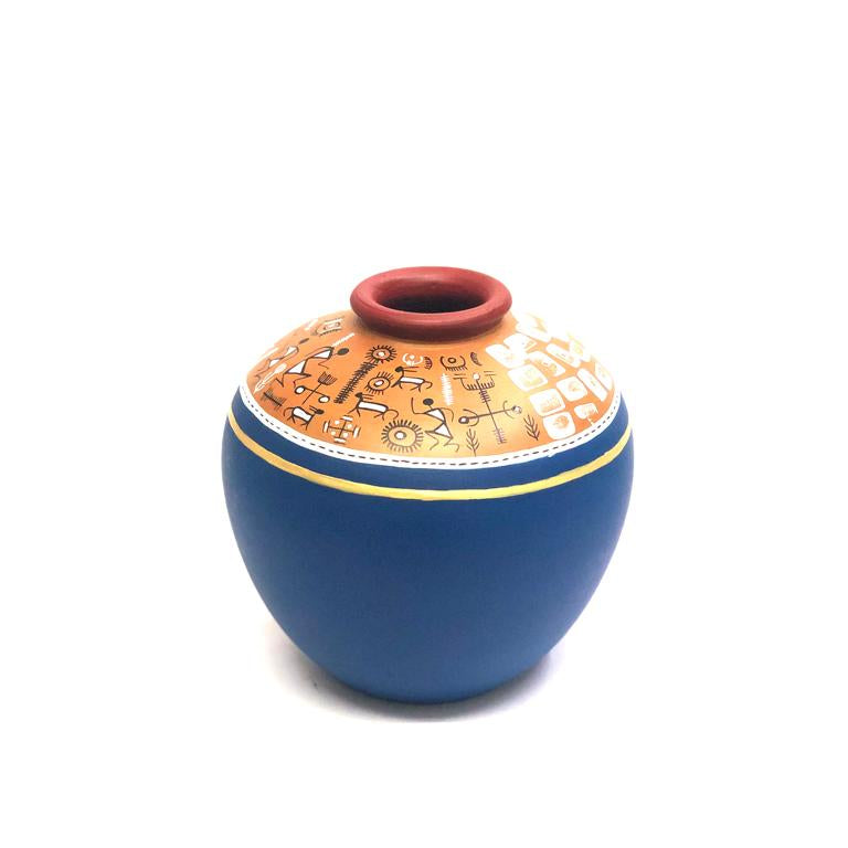 Traditional Terracotta Pottery With Warli Art Hand Painted Pots Blue Tamrapatra